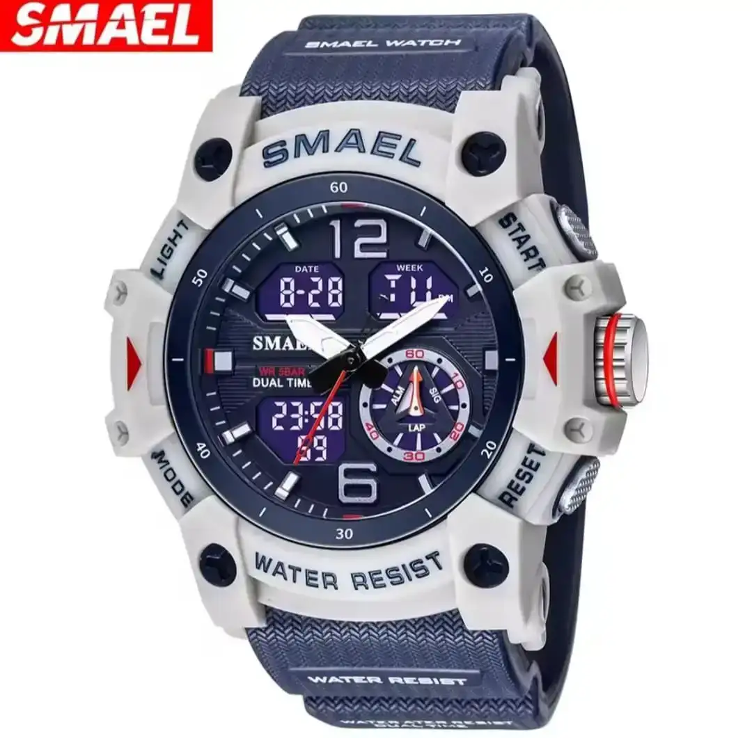 Reloj Smael Original Sumergible Deportivo Doble Hora 8007 Gris Azul