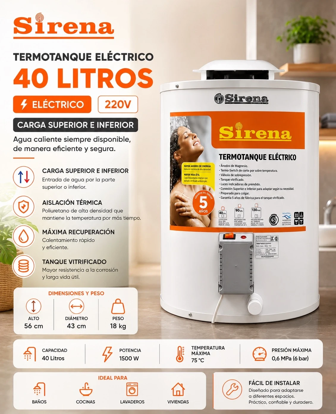 TERMOTANQUE ELECTRICO SIRENA 40LTS CARGA SUPERIOR E INFERIOR 