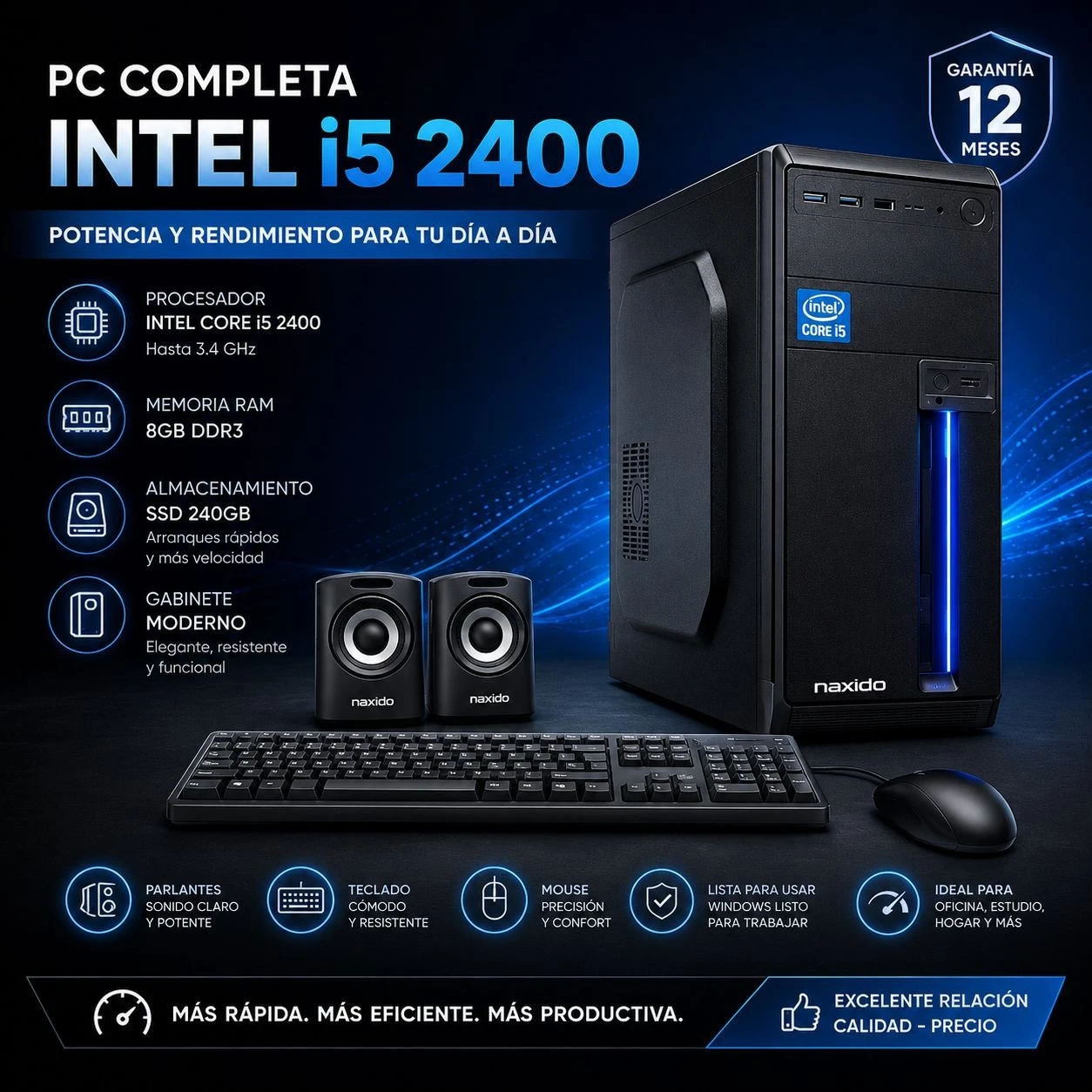 PC completa Intel i5 2400, 8GB 240GB gabinete, parlantes, teclado, mouse