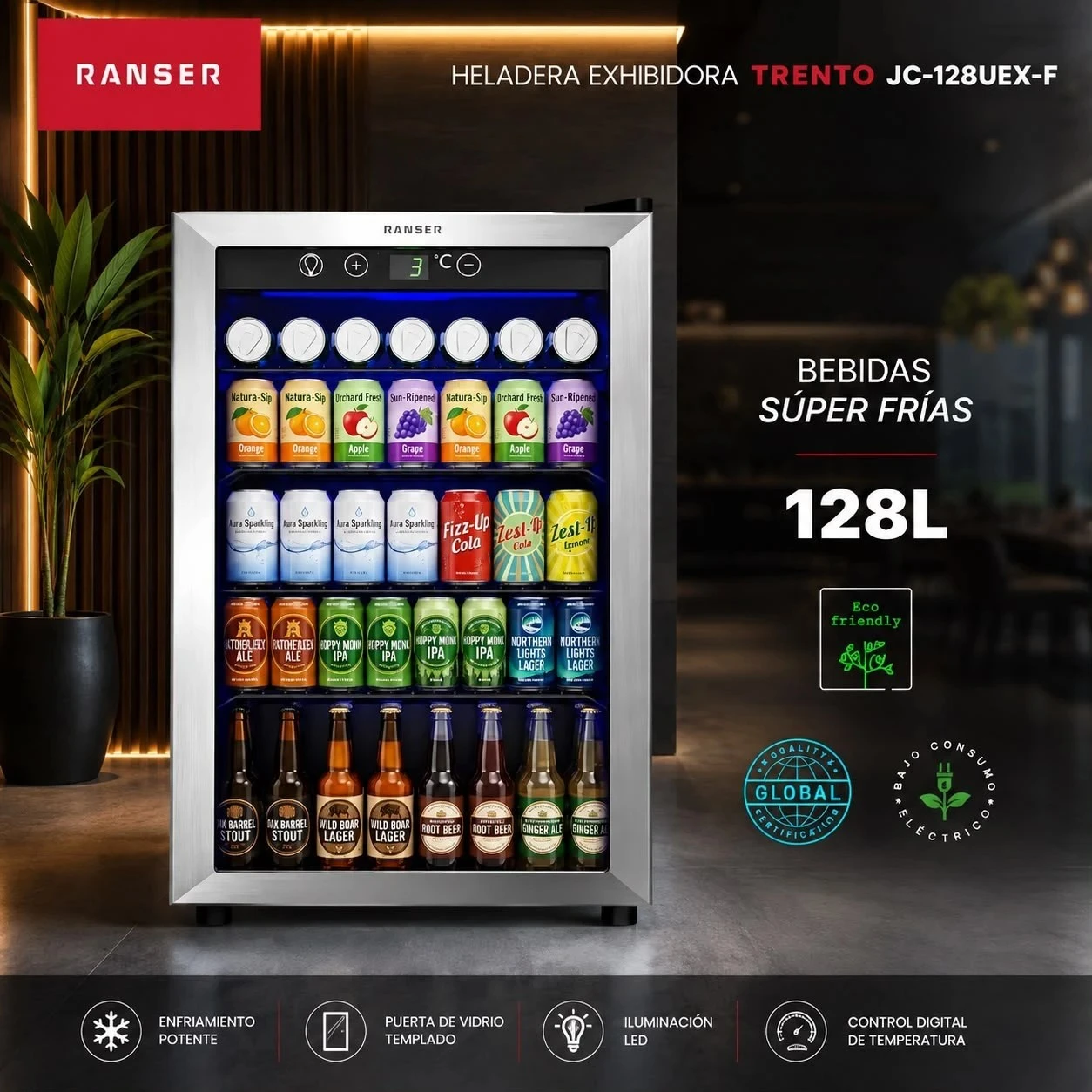  HELADERA EXHIBIDORA VERTICAL RANSER JC-128UEX-F 128 LTS COLOR GRIS 