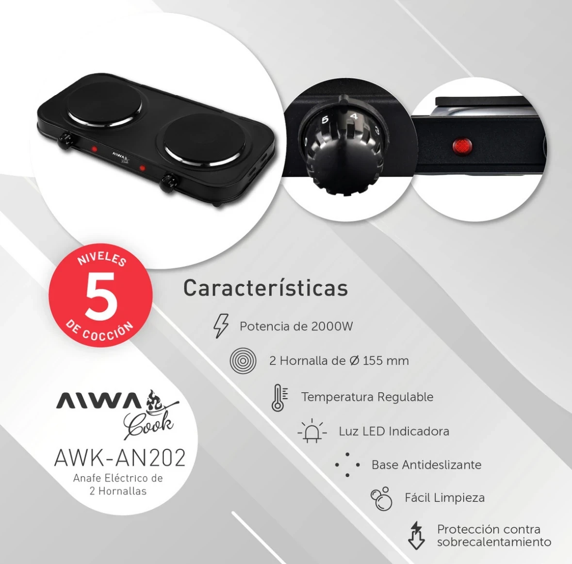 ANAFE ELECTRICO AIWA DOBLE AWK-AN202