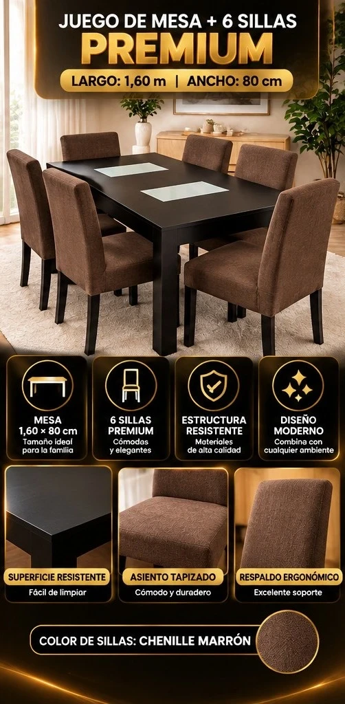 JUEGO DE MESA + 6 SILLAS PREMIUM MARRON *CONSULTAR DISPONIBILIDAD CON EL VENDEDOR*