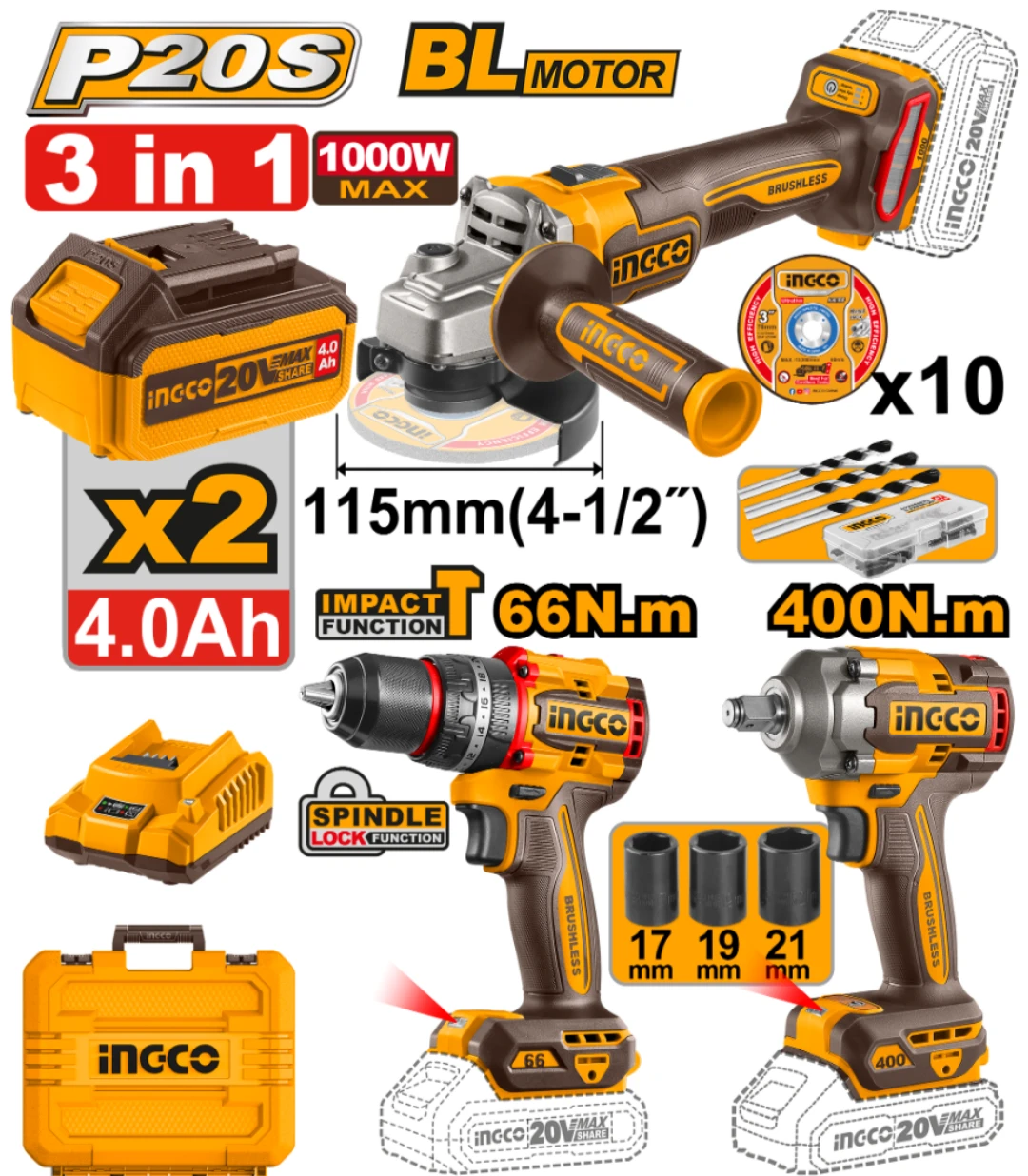 KIT A BATERIA P20S 20V 3 PIEZAS BRUSHLESS MOTOR C/2BAT, CARGADOR, VALIJA Y ACCESORIOS INGCO COSLI241291