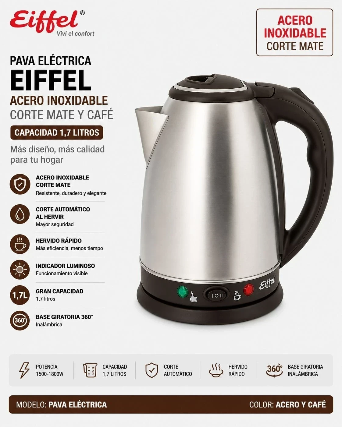 PAVA EIFFEL ACERO INOXIDABLE C/CORTE MATE Y CAFÉ 