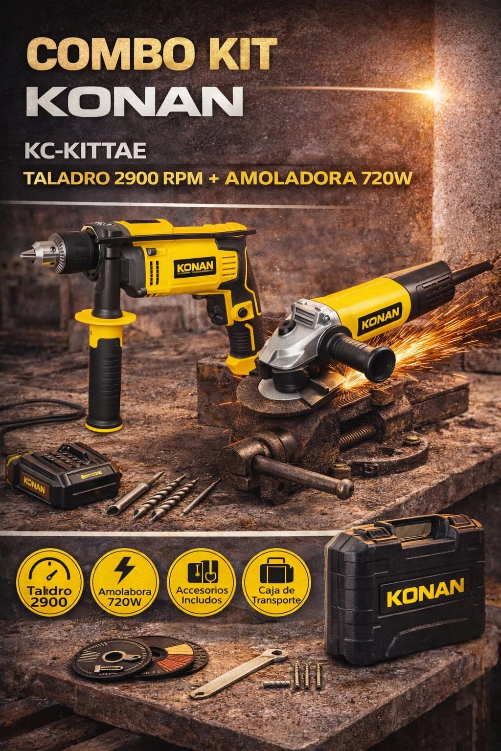 COMBO KIT KONAN KCKITTAE TALADRO 750W + AMOLADORA 720W 