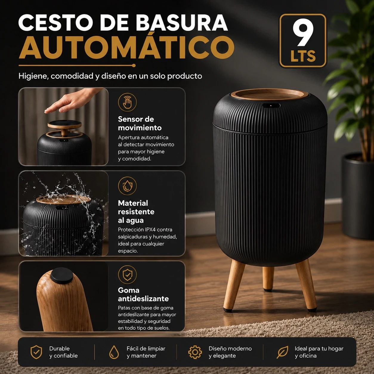 CESTO DE BASURA AUTOMATICO WAGGS 9LTS NEGRO