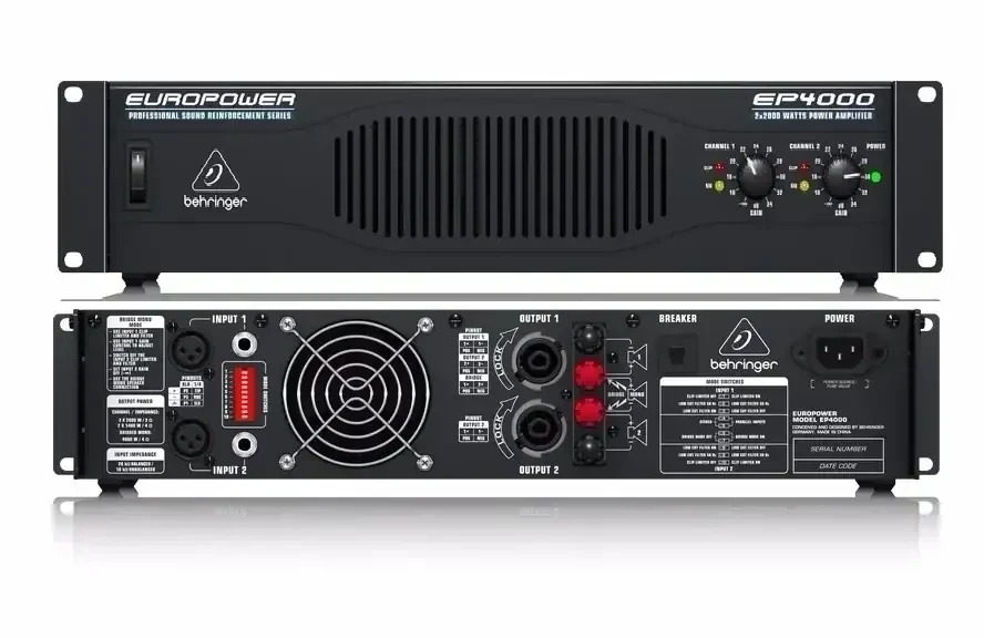  BEHRINGER EP4000 4000W   Salida de 2x2000W, 2x1400W y 4000W Controles Gain Positive-Detent con LED de Señal y Clip Salidas SpeakON y Binding Post Conectores XLR y 1/4″ TRS Chasis 2U Montable en Rack EP4000