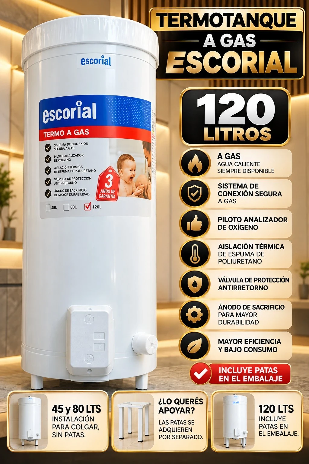 TERMOTANQUE ESCORIAL A GAS 120L CONSULTAR DISPONIBILIDAD CON EL VENDEDOR 