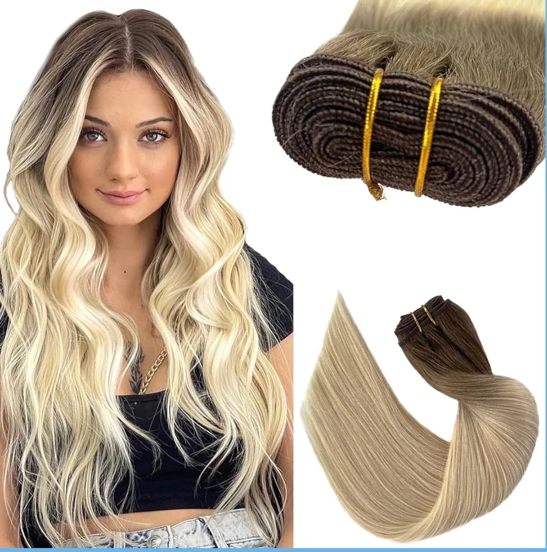 Extensiones de cabello humano para coser, extensiones de cabello humano real, 22 pulgadas, 120 gramos , color marrón ceniza a rubio platino, 
