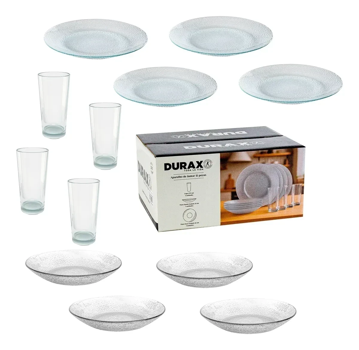 Set De Vajilla X 12 Durax Plato Forjado + Vaso Lunita Color Transparente 6