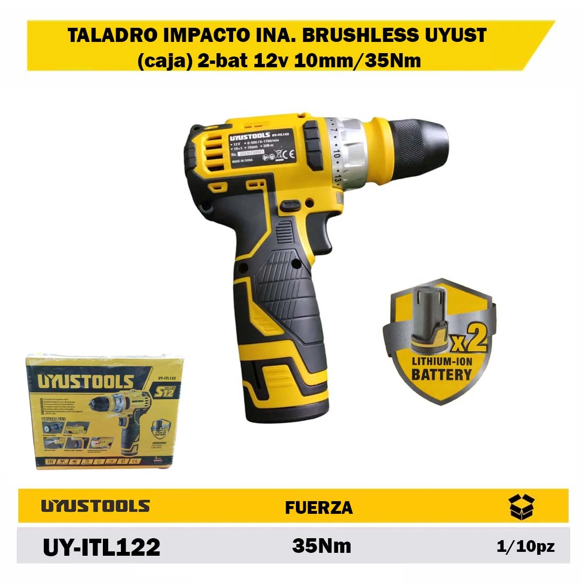 TALADRO IMPACTO INA. BRUSHLESS UYUST (caja) 2-bat 12v 10mm/35Nm