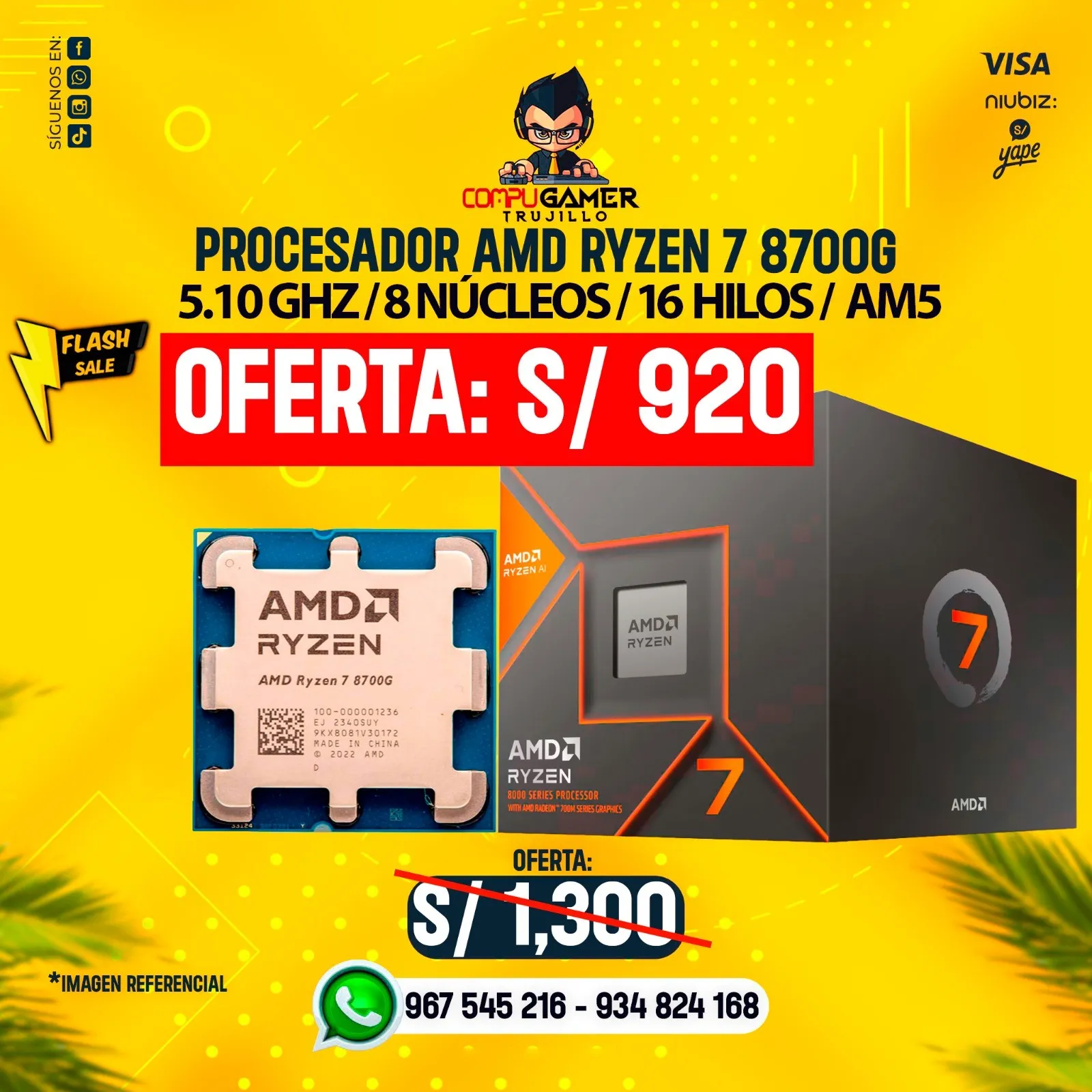 PROCESADOR AMD RYZEN 7 8700G AM5, 5.10GHZ, 8 NÚCLEOS, 16 HILOS