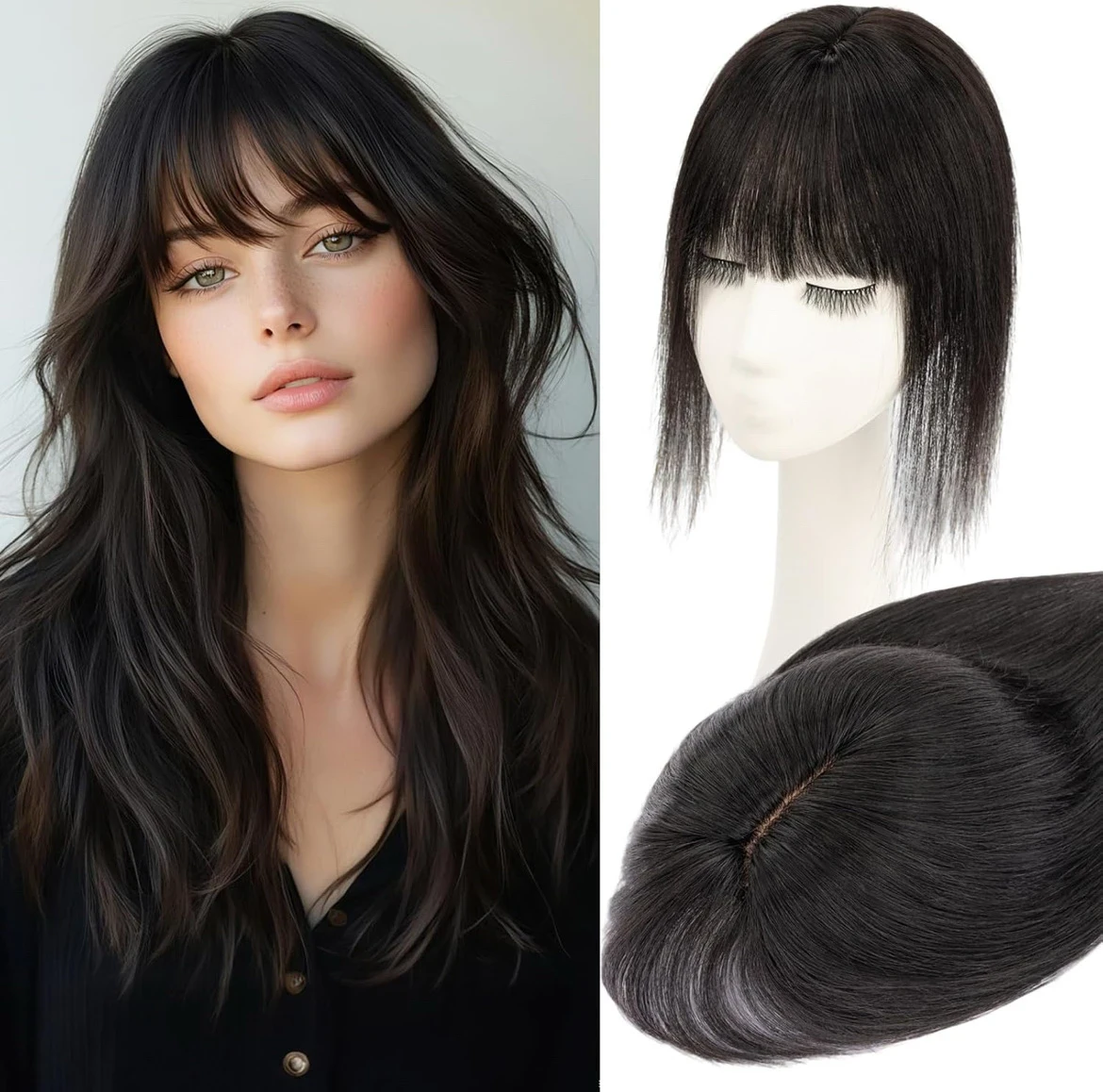 Toppers de cabello humano real para mujer, cubierta 3D, flequillo 100% Remy humano con clip en base de seda para adelgazar, densidad del 150 %, 14 pulgadas, color negro #1BR