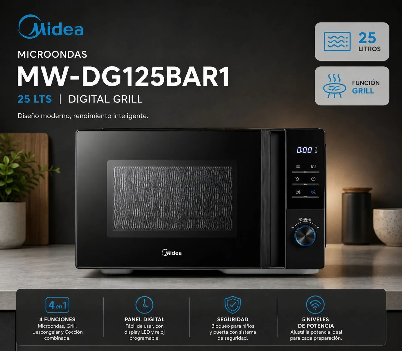 MICROONDAS MIDEA 25LTS CON GRILL NEGRO 