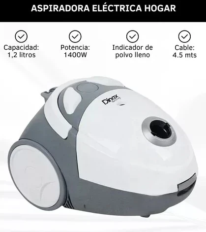 Aspiradora Eléctrica Hogar 1.2 Litros Bolsa De Tela 1400w Gris Dinax 