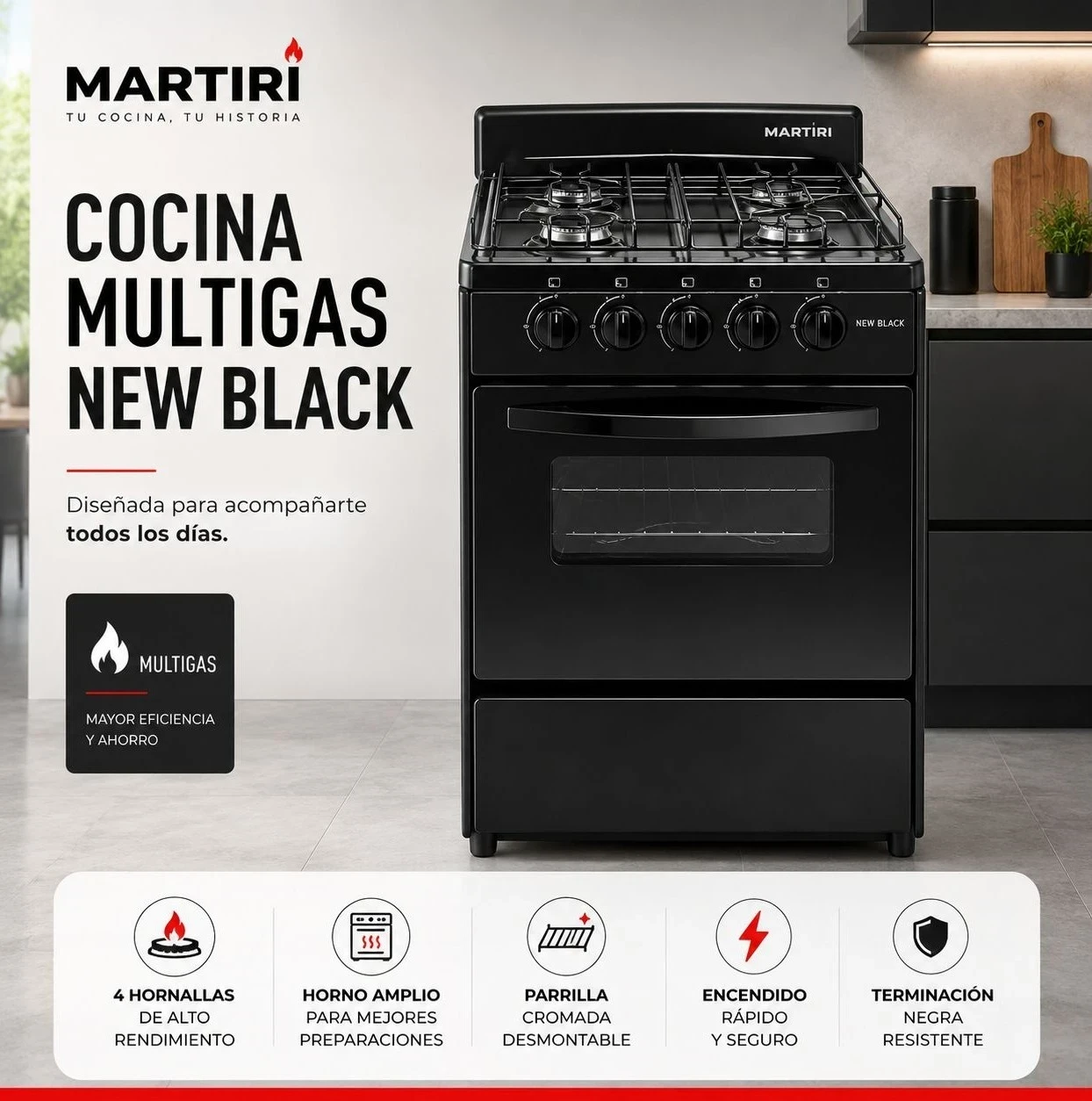Cocina Martiri NEW BLACK MULTIGAS INOXIDABLE 