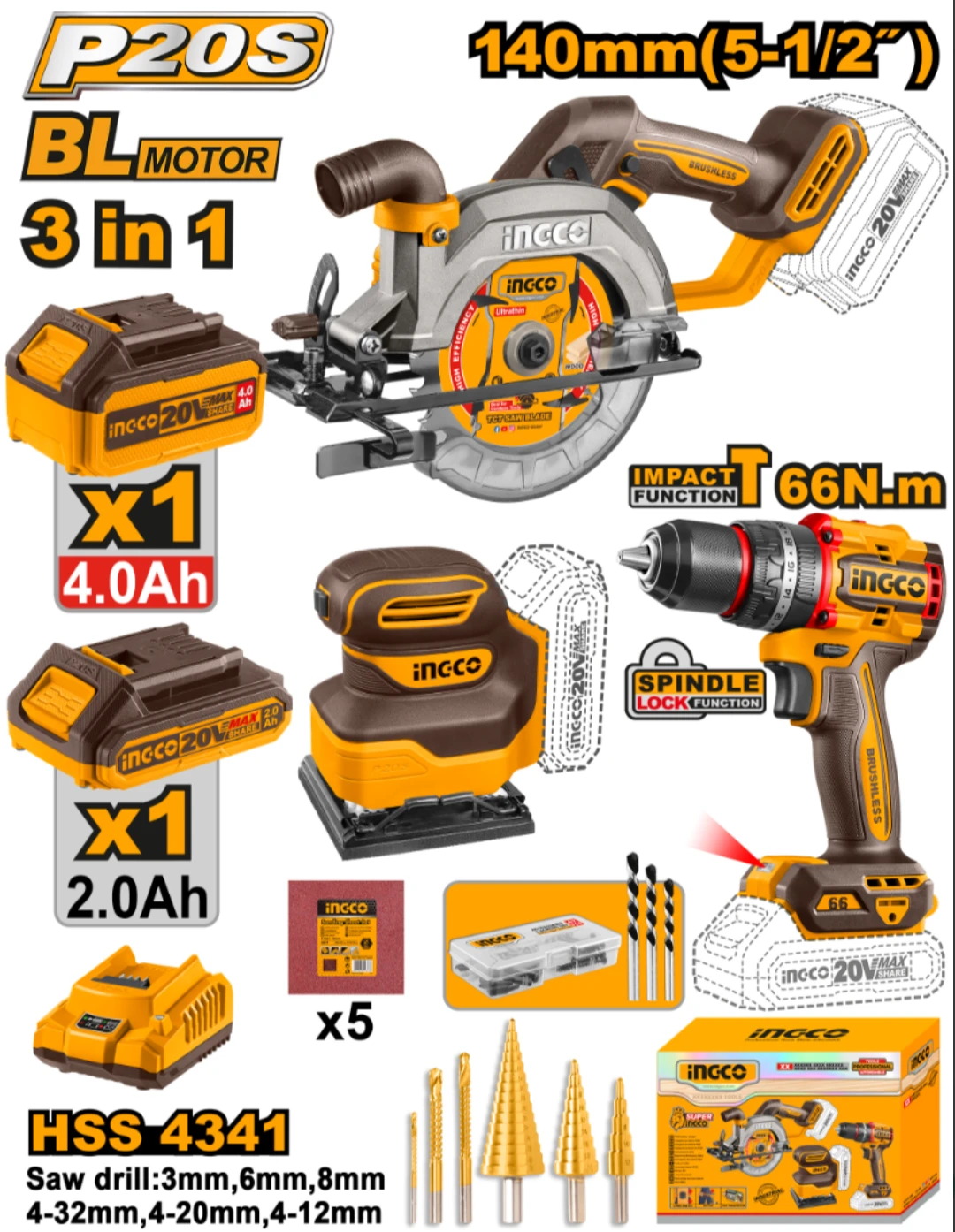 KIT COMBO A BATERIA P20S 20V SIERRA CIRCULAR + TALADRO ATORNILLADOR C/PERCUTOR + LIJADORA C/2 BATERIAS, CARGADOR Y ACCES