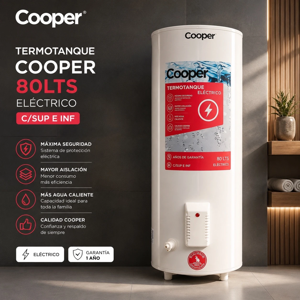 TERMOTANQUE ELECTRICO COOPER 80LTS C/SUP E INF