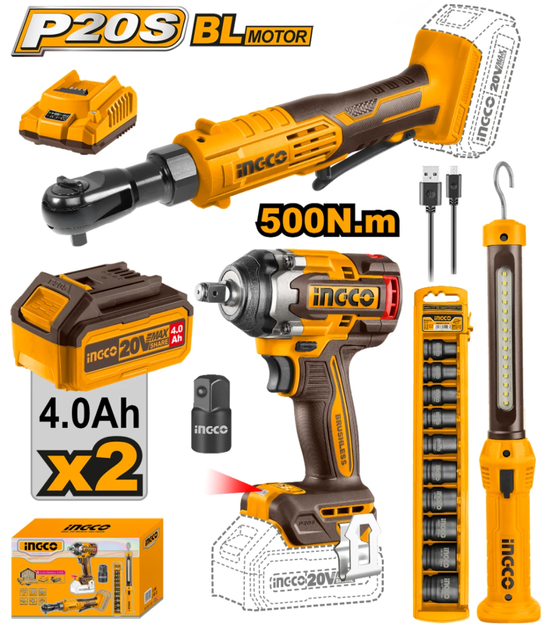 COMBO LLAVE DE IMPACTO 500NM 20V A BATERIA + LLAVE CRIQUE 20V + LINTERNA + SET DA COSLI240461 INGCO