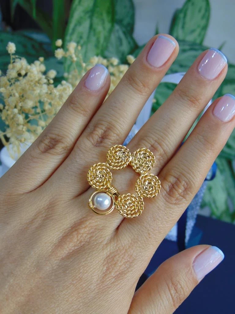 ANILLO BAÑO DE ORO 24K AROS ENTORCHADOS PERLA