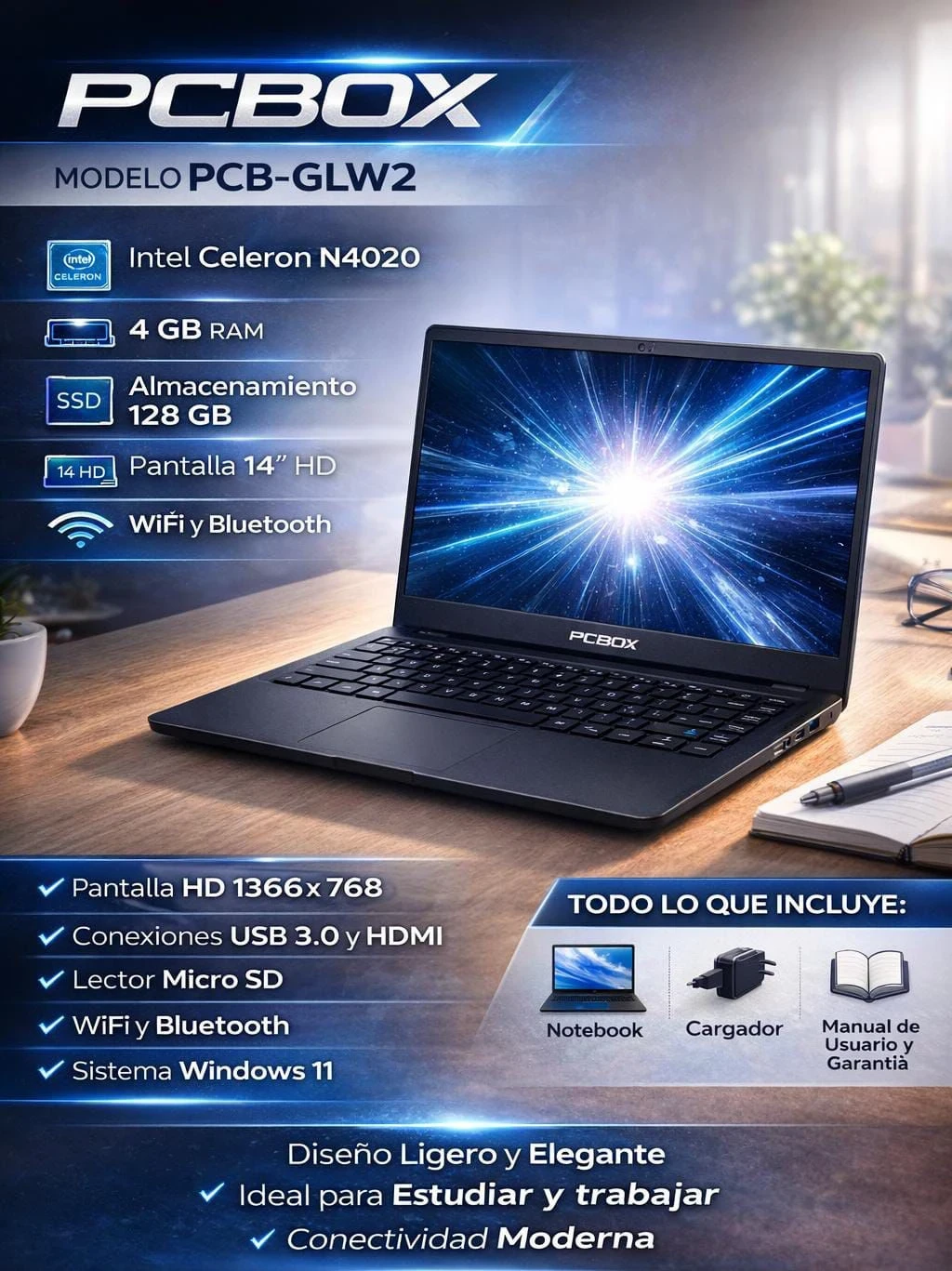 NOTEBOOK PC BOX INTEL CELERON N4020, 128/4GB, PANTALLA 14.1”*