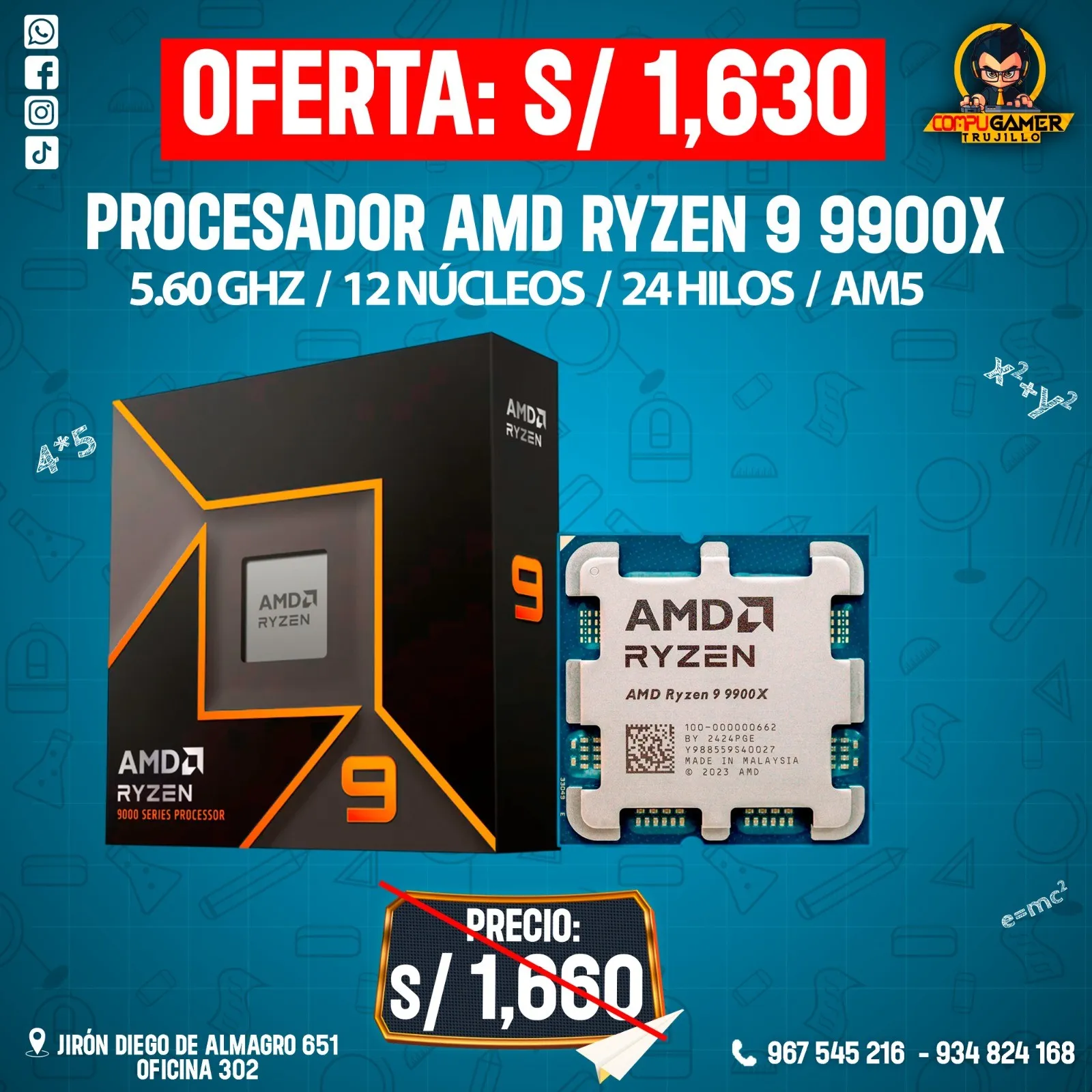 PROCESADOR AMD RYZEN 9 9900X, AM5, 5.60GHZ, 12 NÚCLEOS, 24 HILOS 