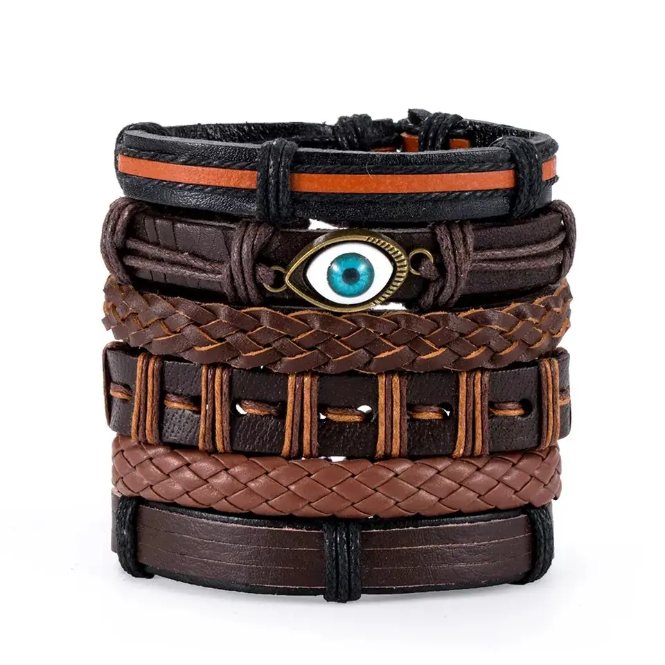 Eif Dock Vinatge-pulsera de cuero multicapa de Metal 4