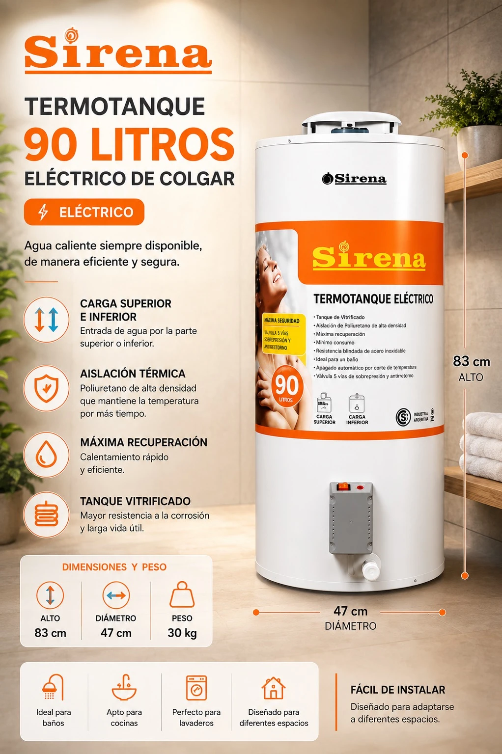 TERMOTANQUE SIRENA 90LTS ELECTRICO CARGA SUPERIOR E INFERIOR 