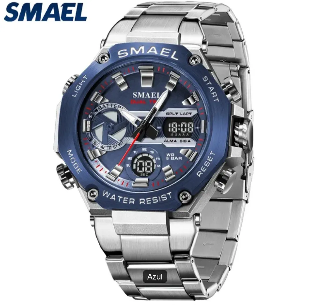 Reloj Smael Original Acero Doble Hora 8097 Sumergible Plateado Fondo Azul