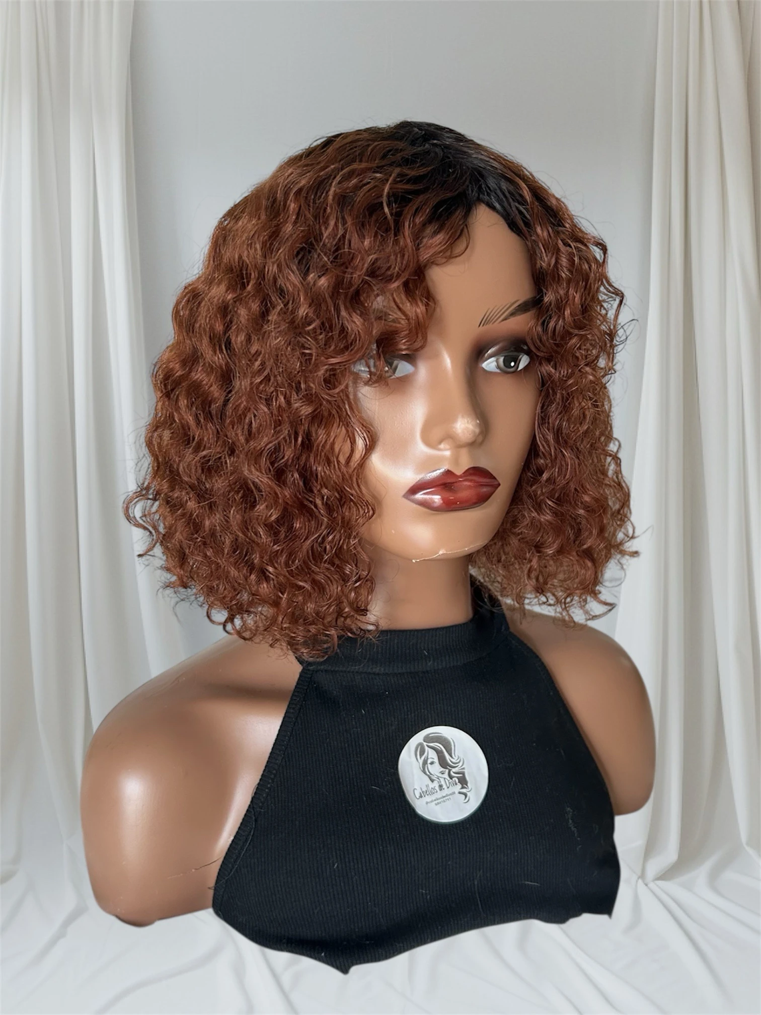 Pelucas Bob Rizadas Cortas de Color Marrón Rojizo, Peluca de Cabello Humano 100% Sin Pegamento con Flequillo, 12 Pulgadas Ondas de Agua Pelucas con Flequillo de Usar y Llevar 150% Densidad 4