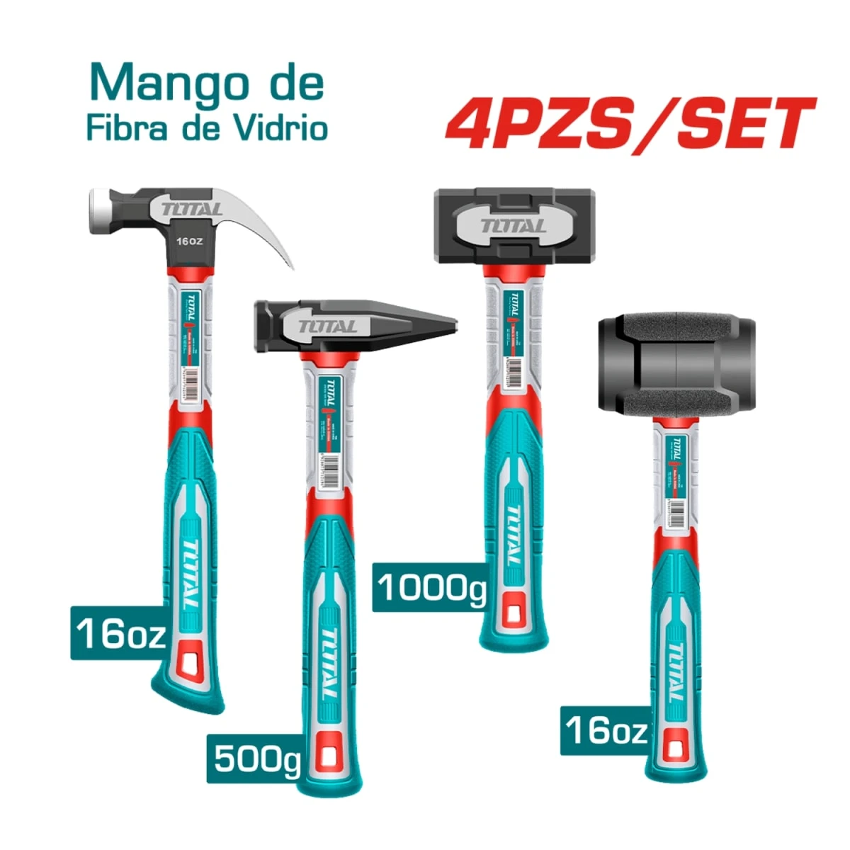THCH6004 Set de martillos : uña 16oz + mecanico 500g + albanil 100g + goma 16oz total