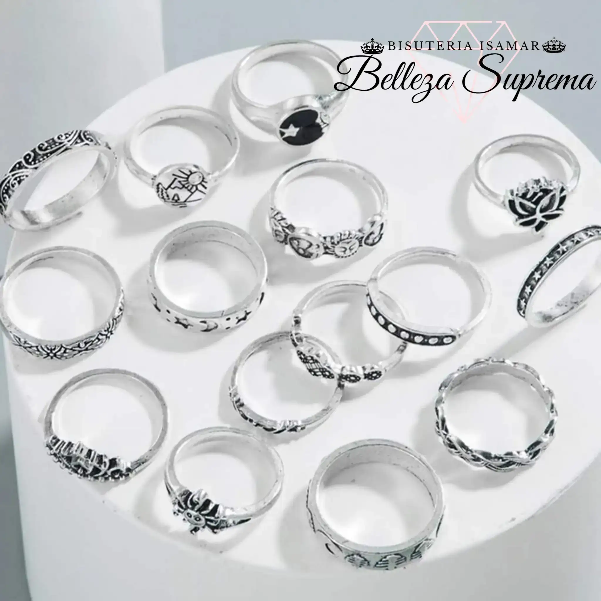 SET DE 17 ANILLOS EN PLATA QUEMADA LUNA SOL 2