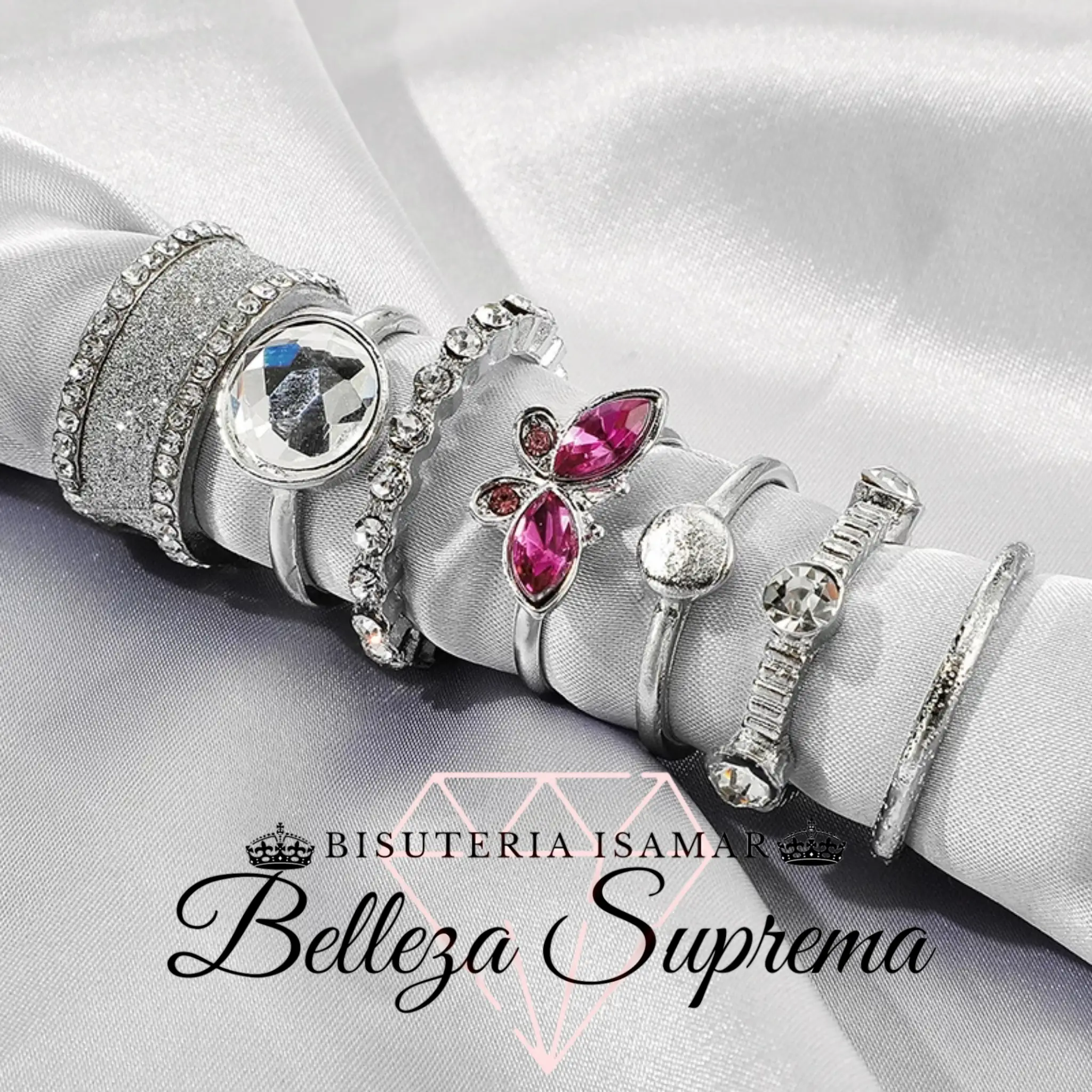 SET DE 7 ANILLOS EN PLATEADO CON BRILLO 2