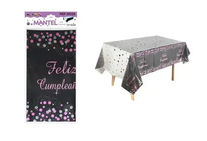 Mantel metalizado Feliz cumpleaños circulos 1.37x1.83 2