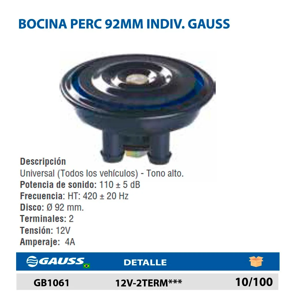 BOCINA PERC 92MM INDIV. GAUSS 12V-2TERM***