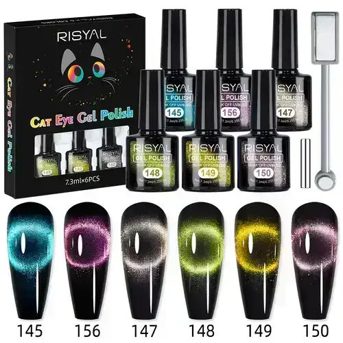 Set 6 Esmaltes en Gel Efecto Ojo de Gato (7.3ml c/u) + Imán para Uñas Risyal