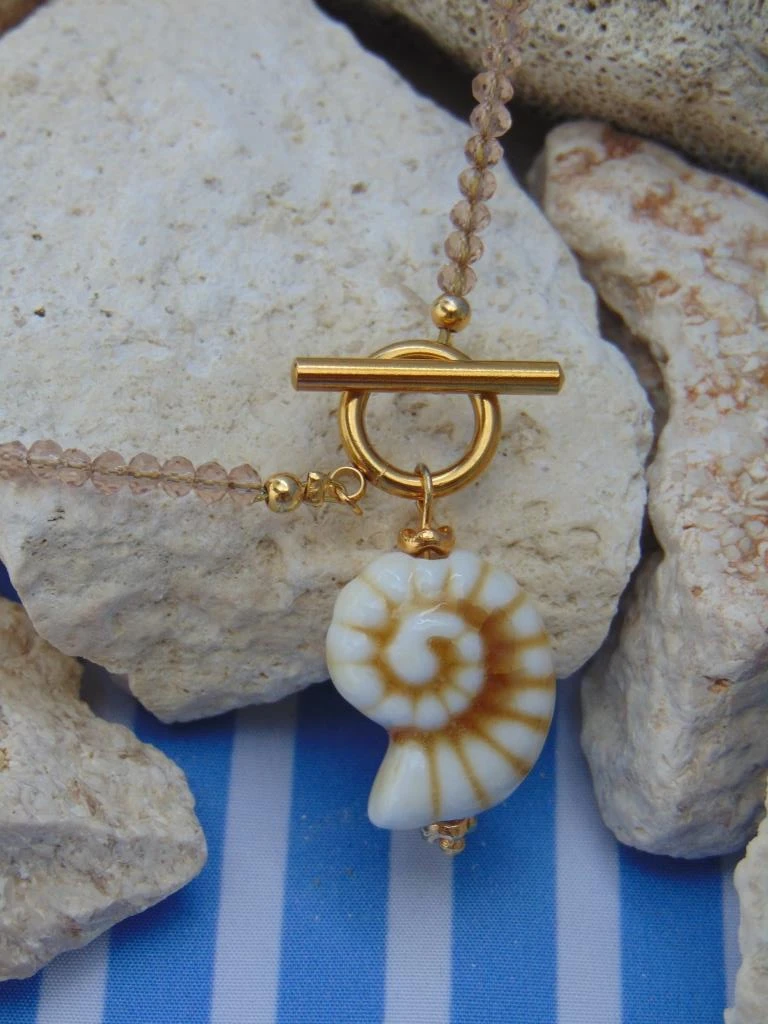 CHOKER ACERO DOR MURANO AMBAR DIJE CONCHA CREMA BROCHE MARINERO