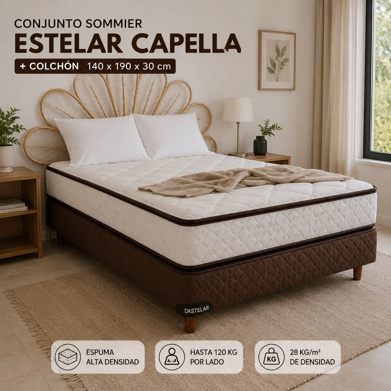 CONJUNTO SOMMIER ESTELAR CAPELLA COLCHON 140 X 190 X 30CM ESPUMA ALTA DENSIDAD