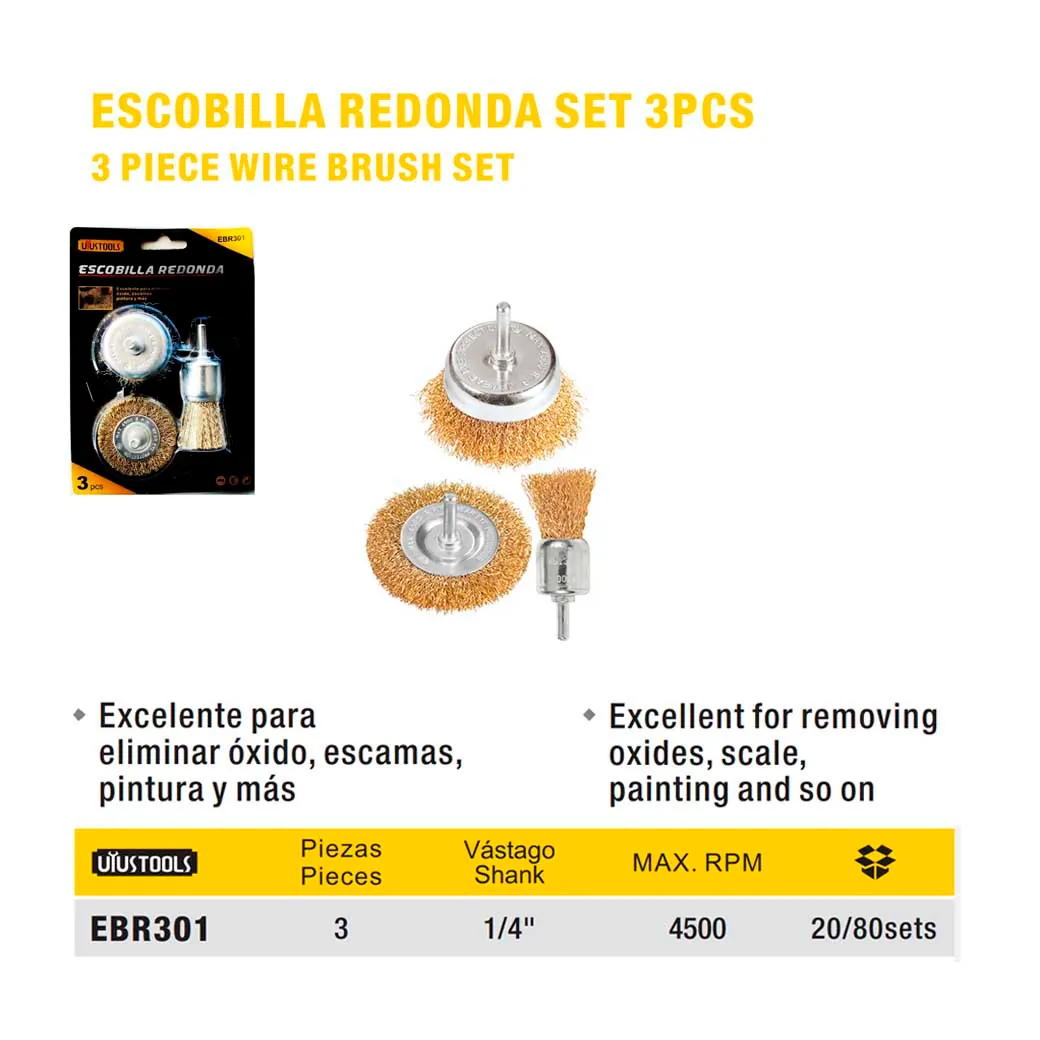 SET ESCOBILLA REDONDA UYUST (P/Taladro) DE 3 PZS