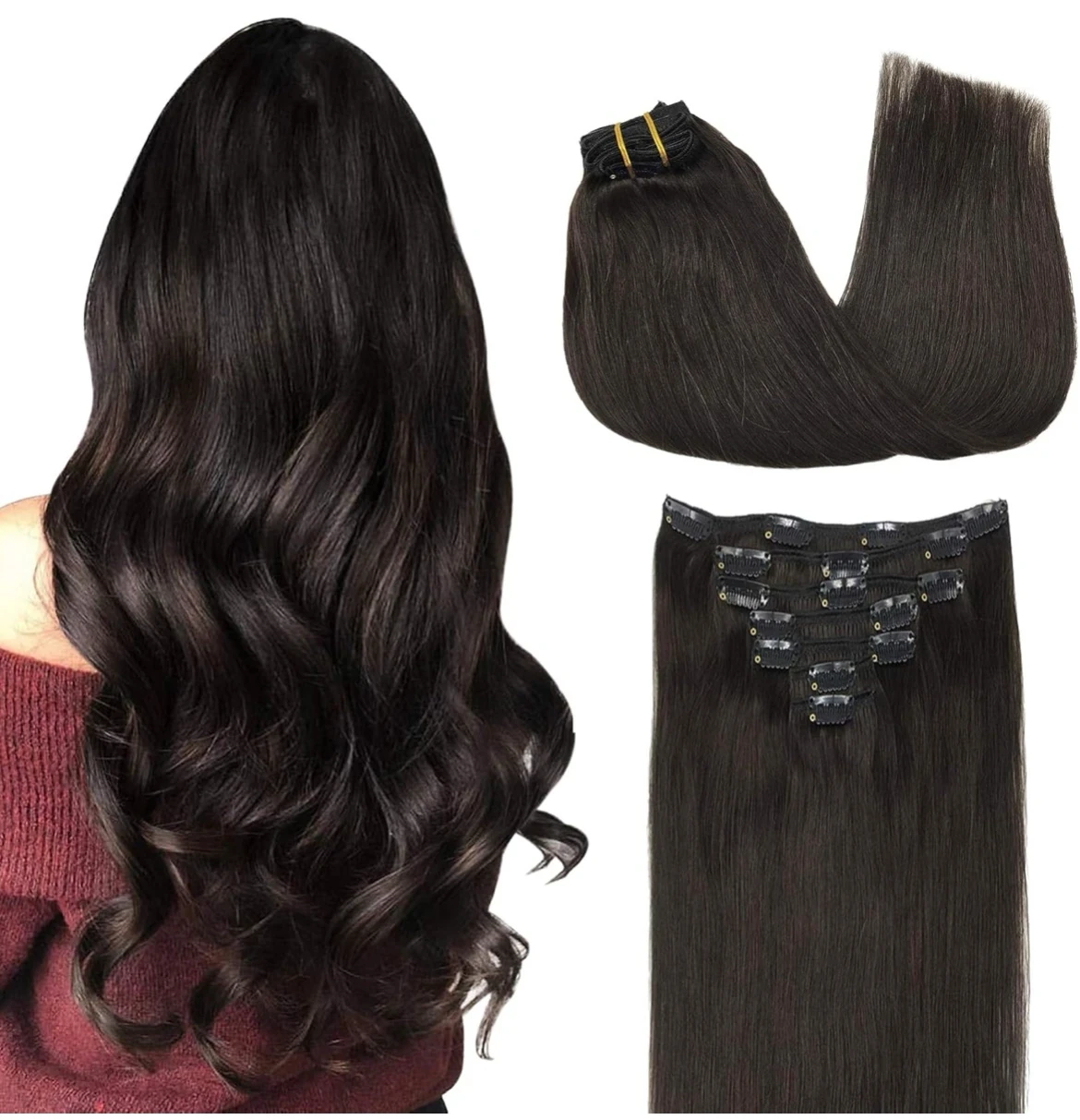 - Extensiones de cabello humano con clip, color castaño oscuro de 16 pulgadas, 7 piezas de 120g, extensiones de cabello humano Remy liso natural