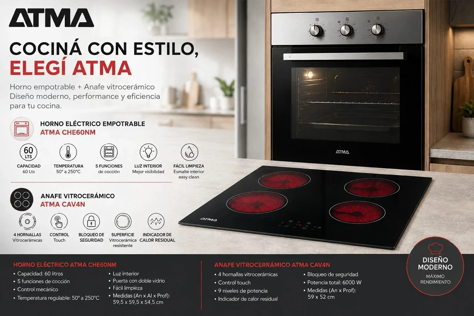 HORNO ELÉCTRICO EMPOTRABLE ATMA 60 Lts CHE60NM MECANICO●■ANAFE VITROCERAMICO ATMA CAV4N 4 HORNALLAS 