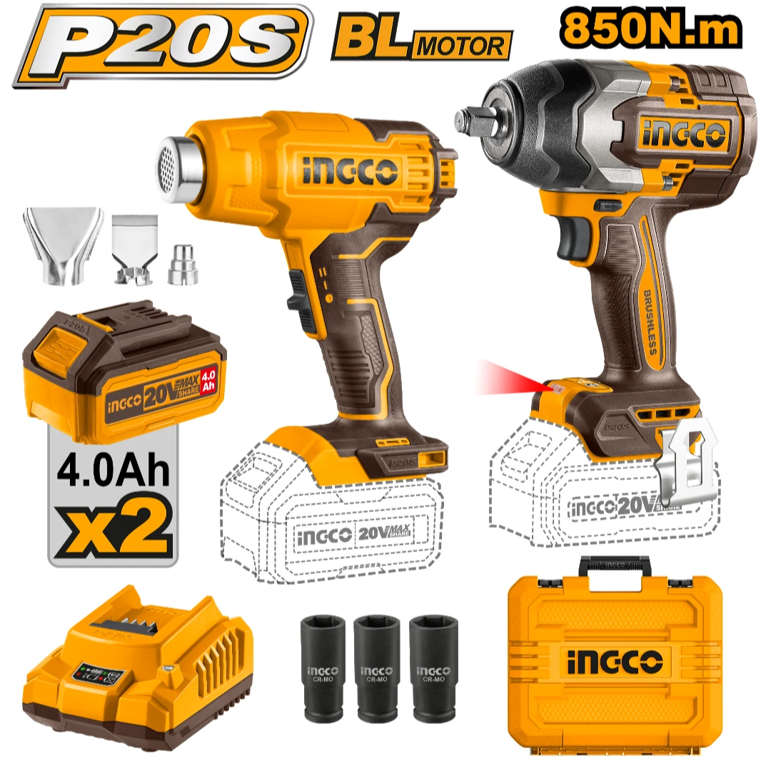 COMBO LLAVE DE IMPACTO A BATERIA 1/2" 850NM 20V P20S BRUSHLESS + PISTOLA DE CALOR A BATERIA 20V P20S BRUSHLESS EN VALIJA