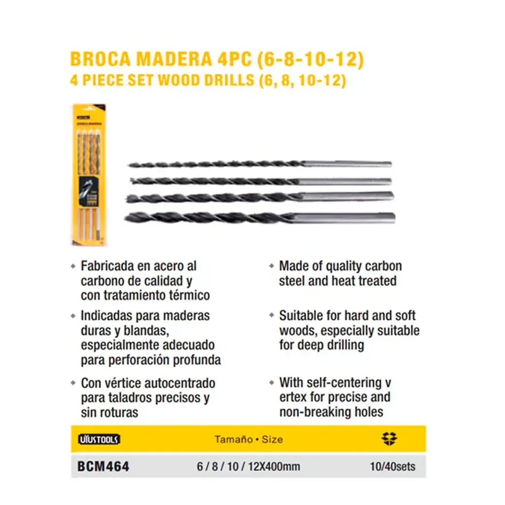 SET BROCA SERPENTINA MADERA 4pz UYUST 40cm X (6,8,10,12)MM
