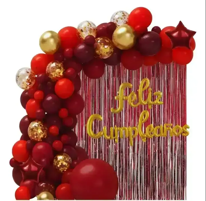 Set super guirnalda de gobos con feliz cumpleaños cortina roja 72 pcs bordo/rojo/dorado/confetti 