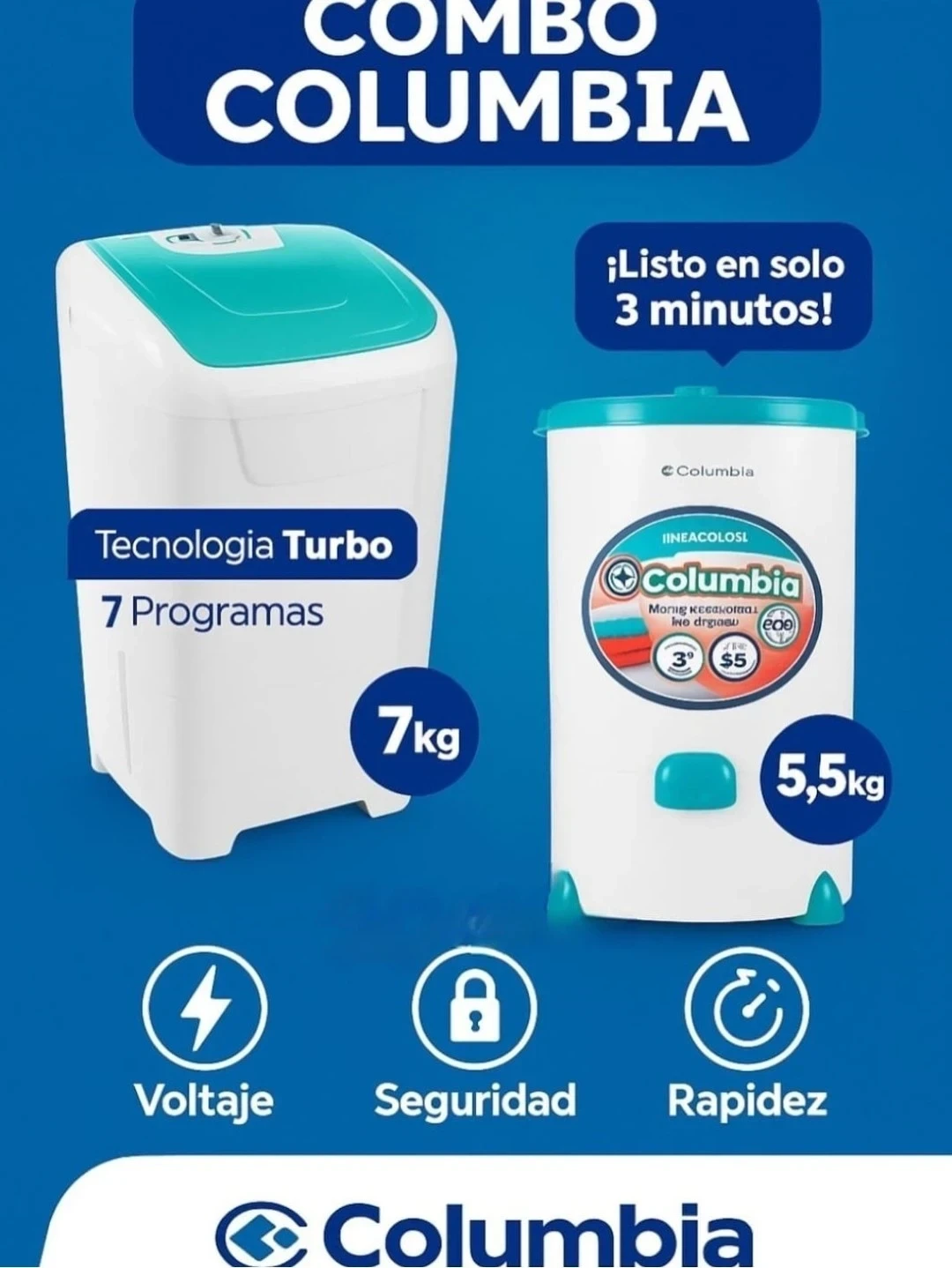 COMBO LAVARROPAS 7 KG + SECARROPAS COLUMBIA