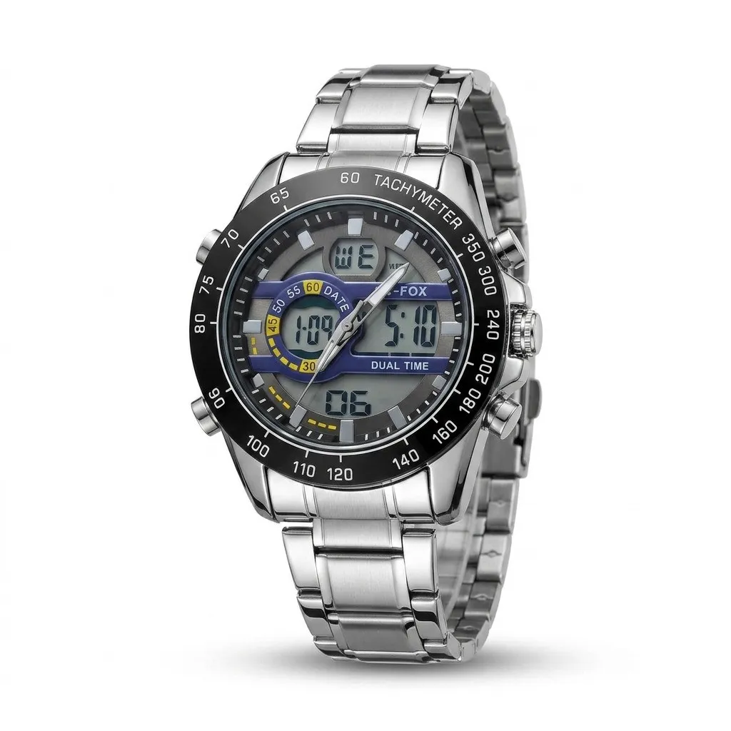 Reloj G Fox Original Acero Doble Hora 2106 Resistente Al Agua Plateado Fondo Gris Detalles Azules