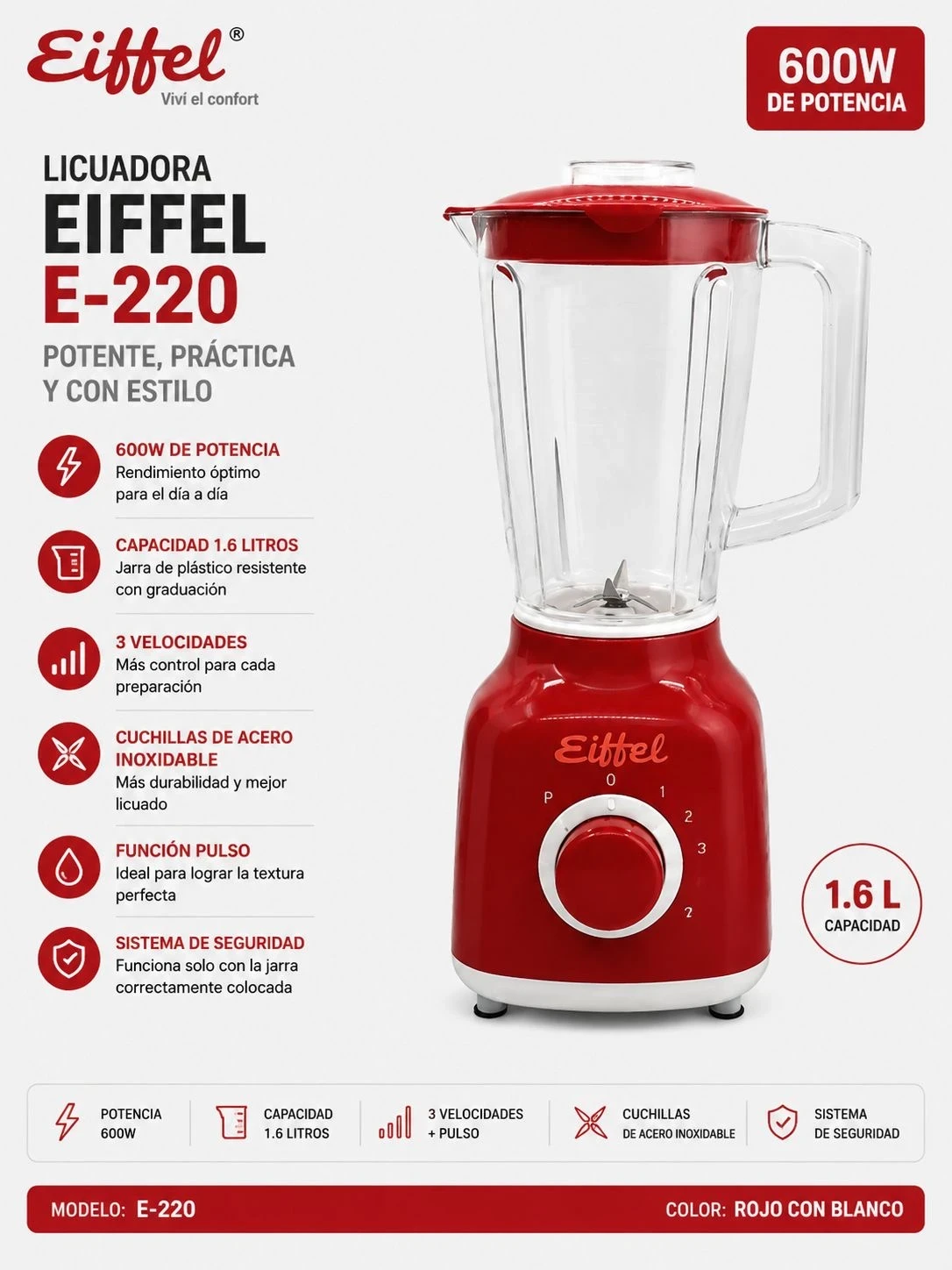 LICUADORA EIFFEL ROJA 1,6l e-220