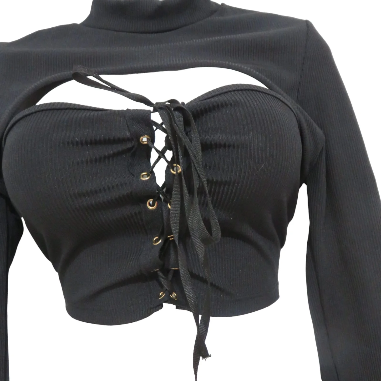 Crop Top negro manga larga con escote 2