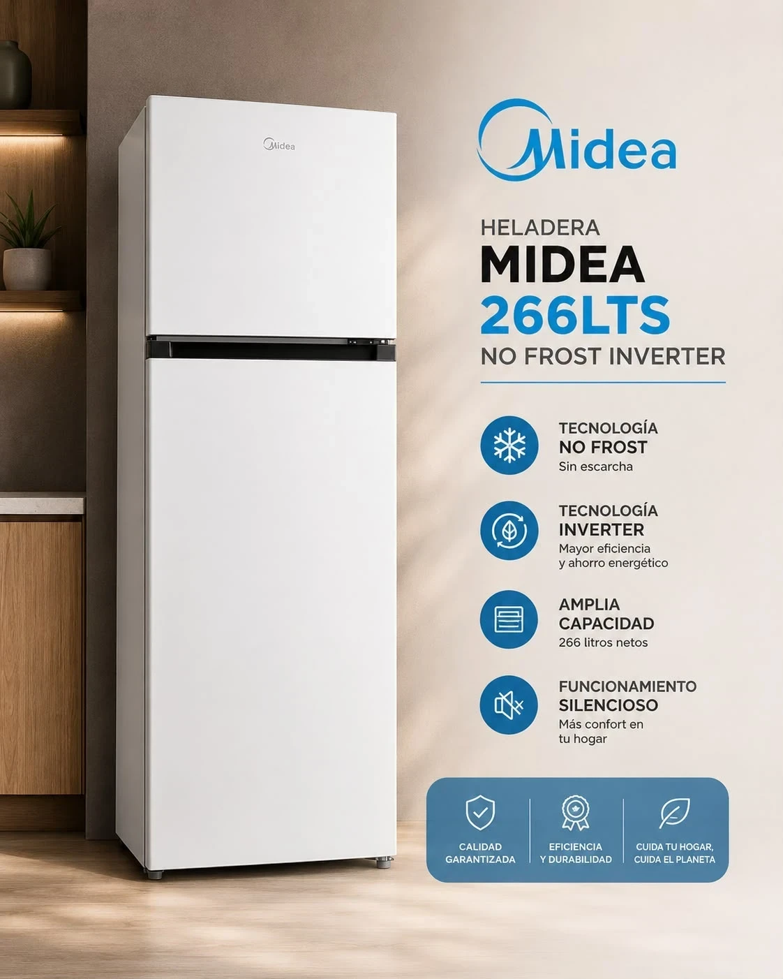 HELADERA TOP MOUNT MIDEA NO FROST INVERTER 266LTS BLANCO ‼️SOLO POR PEDIDOS ‼️ 
