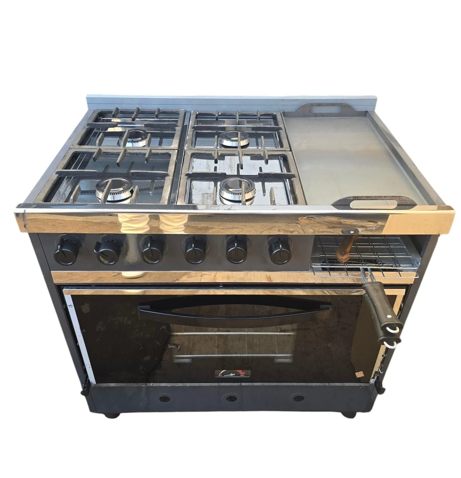 COCINA INDUSTRIAL MULTIROSARIO 4HORNALLAS C/PLANCHETA Y CARLITERO T/VIDRIO 82CM GRIS